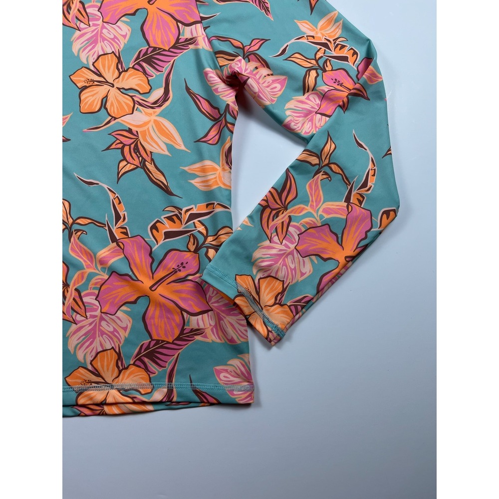 Roxy Womens Long Sleeve Rash Guard Teal Orange Pink Hibiscus Floral Swim Top M - Picture 3 of 12